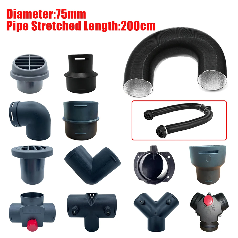 Aquecedor de ar diesel, 75mm de diâmetro, 2m de comprimento, tubo de duto, saída de mangueira, conector de marceneiro de escape para webasto eberspaecher carro caminhão
