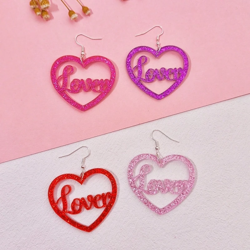 Kubuds anting-anting jatuh wanita, huruf kekasih hati, merah muda, ungu, mawar, merah Glitter, akrilik, Festival musik, Aksesori perhiasan