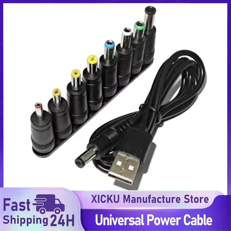 ​ Cable de alimentación universal USB a DC 5,5 * 2,1 mm Jack 5 V Cable de carga con 8 puntas de conector seleccionables para cámaras CCTV TV Box