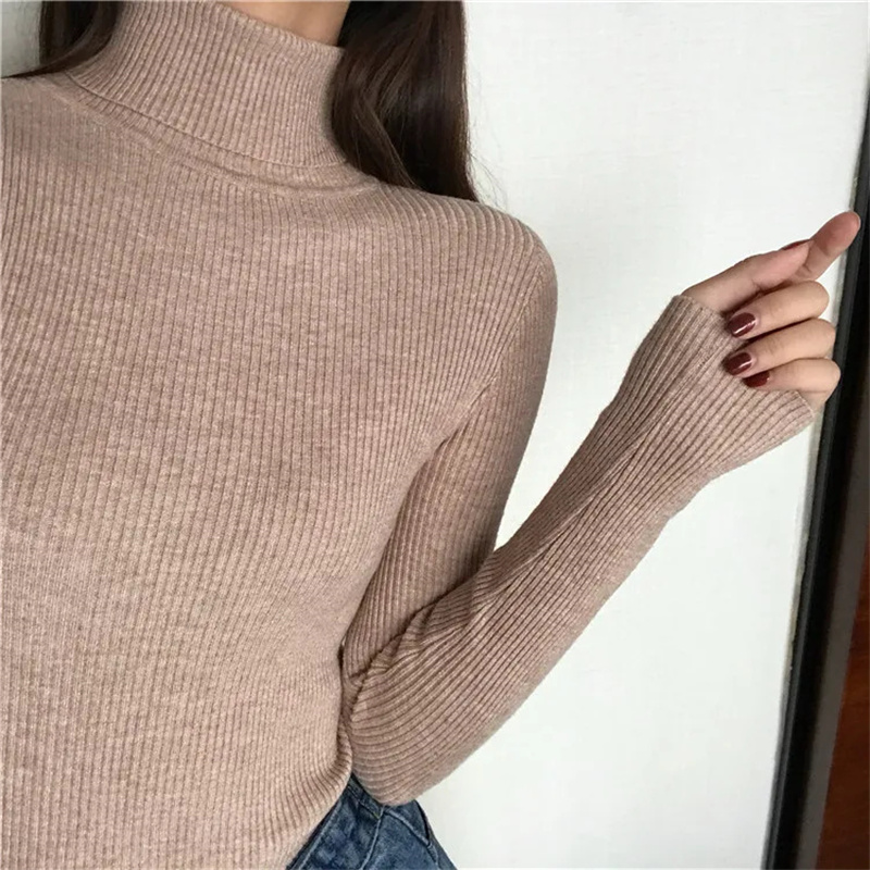 Maglione spesso autunno inverno donna maglione pullover a costine lavorato a maglia dolcevita a maniche lunghe maglione sottile morbido caldo Pull Femme