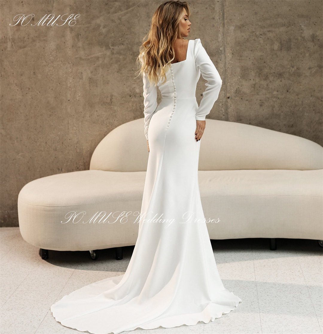 POMUSE Bottoni personalizzati Abiti da sposa Maniche lunghe Abito da sposa country su misura Vestido De Novia per le donne
