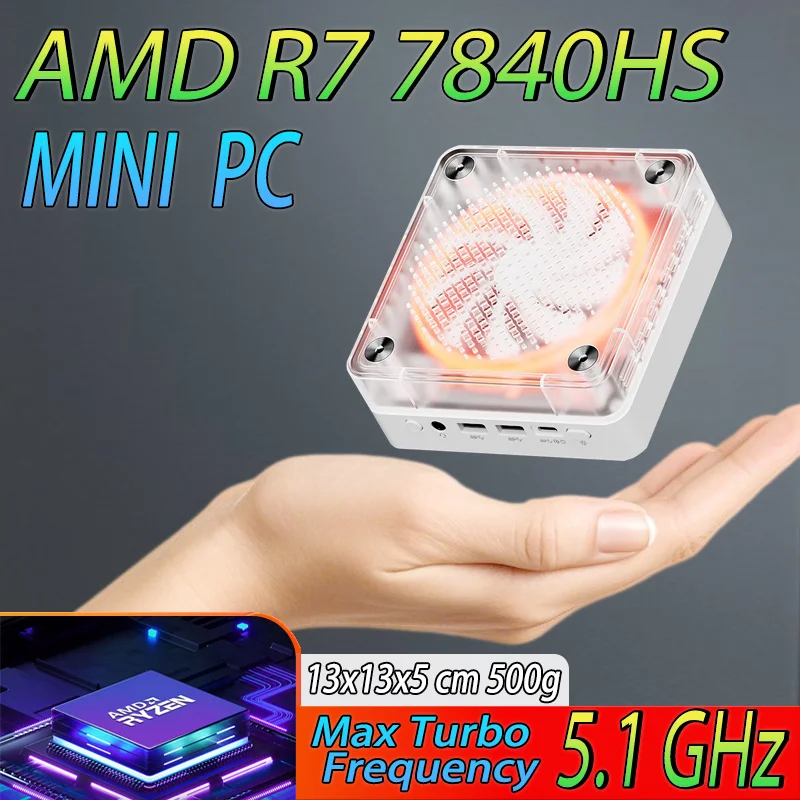 Mini PC para juegos Win 11 Pro AMD Ryzen7 7840HS Mini ordenador 16/32GB DDR5 512GB/1TB PCIe M.2 SSD WiFi 6 BT5.2 pequeño ordenador de escritorio