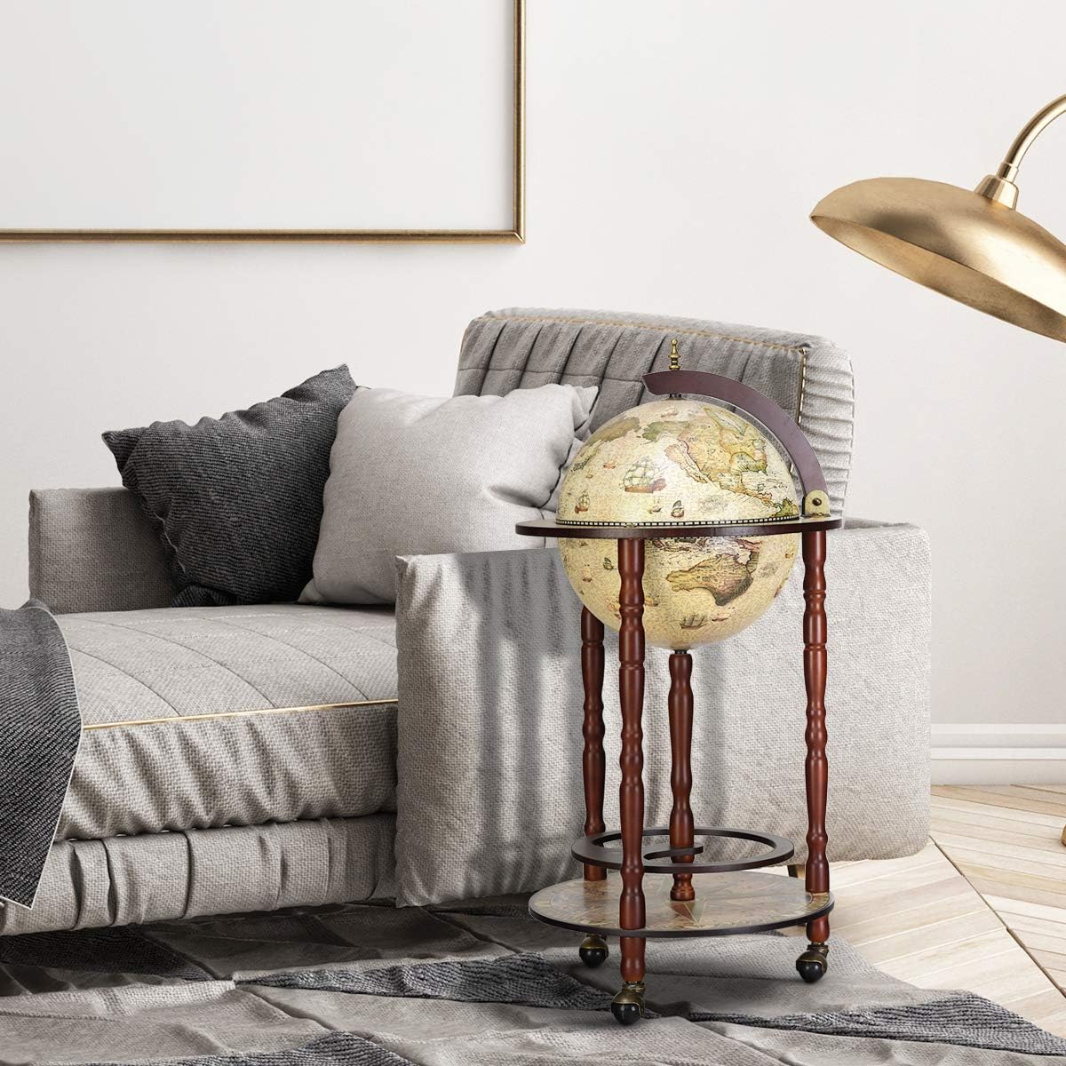 Barra de globo de madera de eucalipto, soporte de vino de globo de madera, montado sobre ruedas, estilo antiguo, 45x45x88cm, blanco