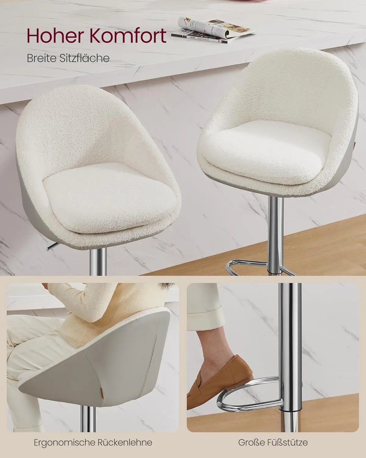 Barhocker, 2er Set, Barstuhl, höhenverstellbar, 360° drehbar, Küchenstuhl, mit Rückenlehne, Sockel, Fußstütze, Stahl, für Theke, Bar, Esszimmer, cremeweiß-Silbergrau LJB110W01