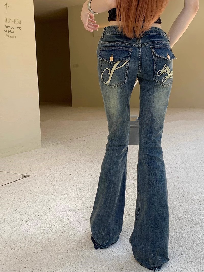 Slimming High Waist Bell Bottom Jeans Women's Spring Autumn Long Pants Elastic Low Waist Embroidered Flared Trousers
