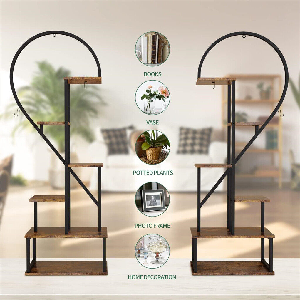 6 camadas de madeira e metal planta flor rack suporte armazenamento prateleira exibição em forma coração para jardim varanda sala estar