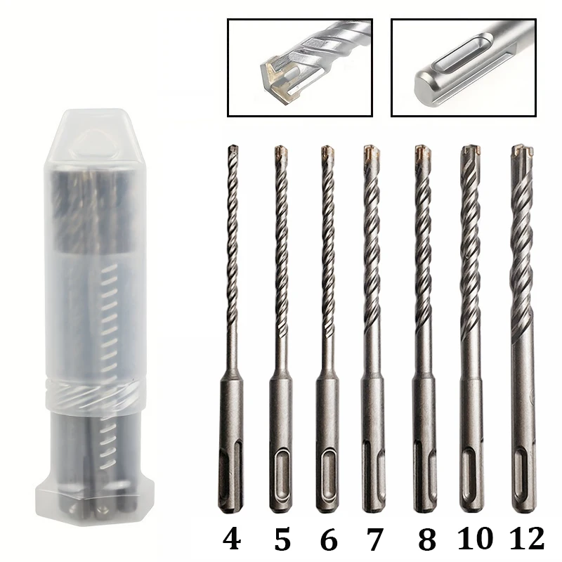 SDS Plus Drill Bit Set 7 Pieces, Concrete Drill Bit 110mm(Diameter4, 5, 6, 7, 8, 10,12mm), Hammer Drill Bit with 4 Cutting Edges