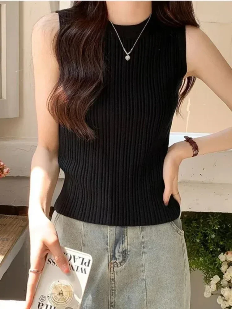 Blusa sem mangas camisa feminina o pescoço costela malha colete tanque simples colete topos verão feminino básico casual topos outfit