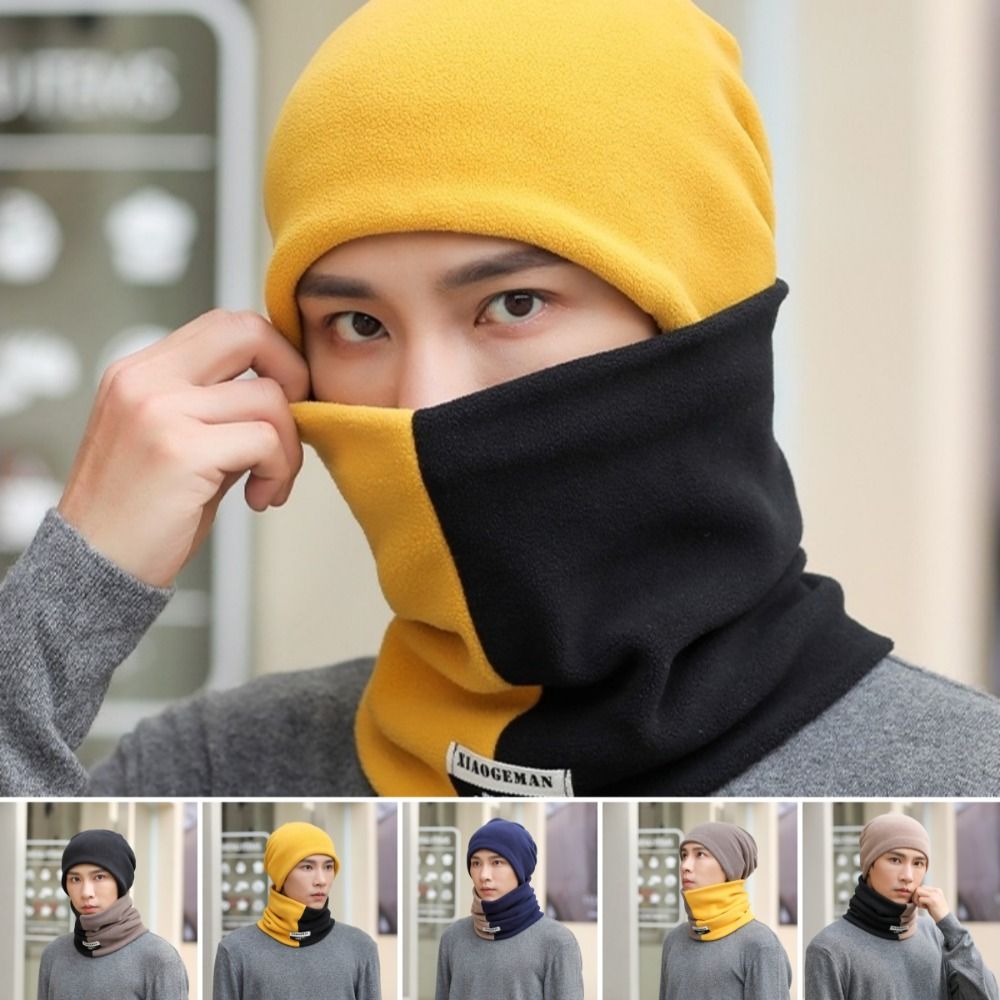 Comfortable Thicken Men's Neck Warmer Hat Velvet Color Blocking Pullover Cap Men Warm Soft Windproof Hat Hiking