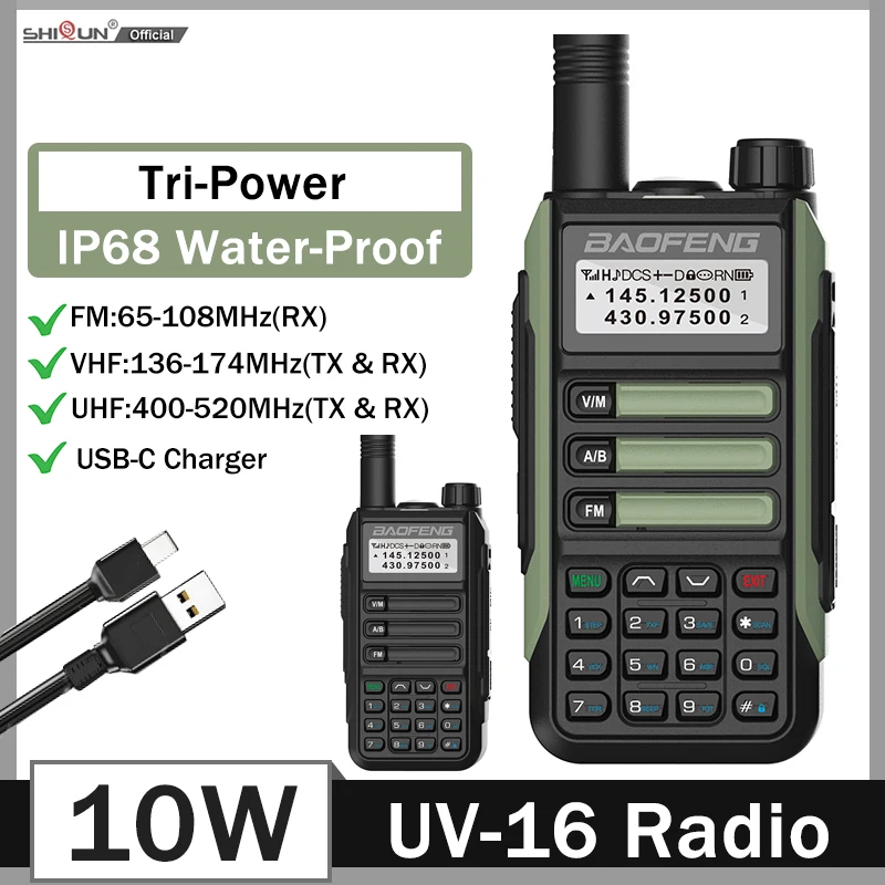 BaoFeng UV16 Walkie-Talkie 8/10W Tri-Power IP68 Impermeabile a lungo raggio USB C Dual Band VHF UHF Radio portatile a due vie