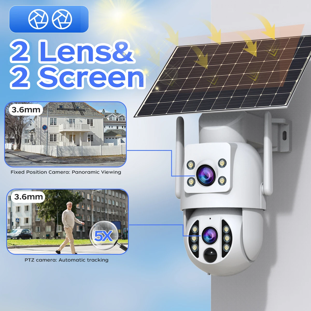 Kamera monitoringu WiFi Jooan 6MP zewnętrzna, bezprzewodowa kamera IP solarna z podwójnym obiektywem, detekcja ruchu PIR, bateria, monitoring CCTV