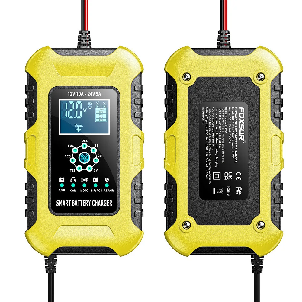 FOXSUR 車のバッテリー充電器 12V/10A 24V/5A 全自動 AGM ウェットスマートバッテリー充電器メンテナーポータブルバッテリー充電器