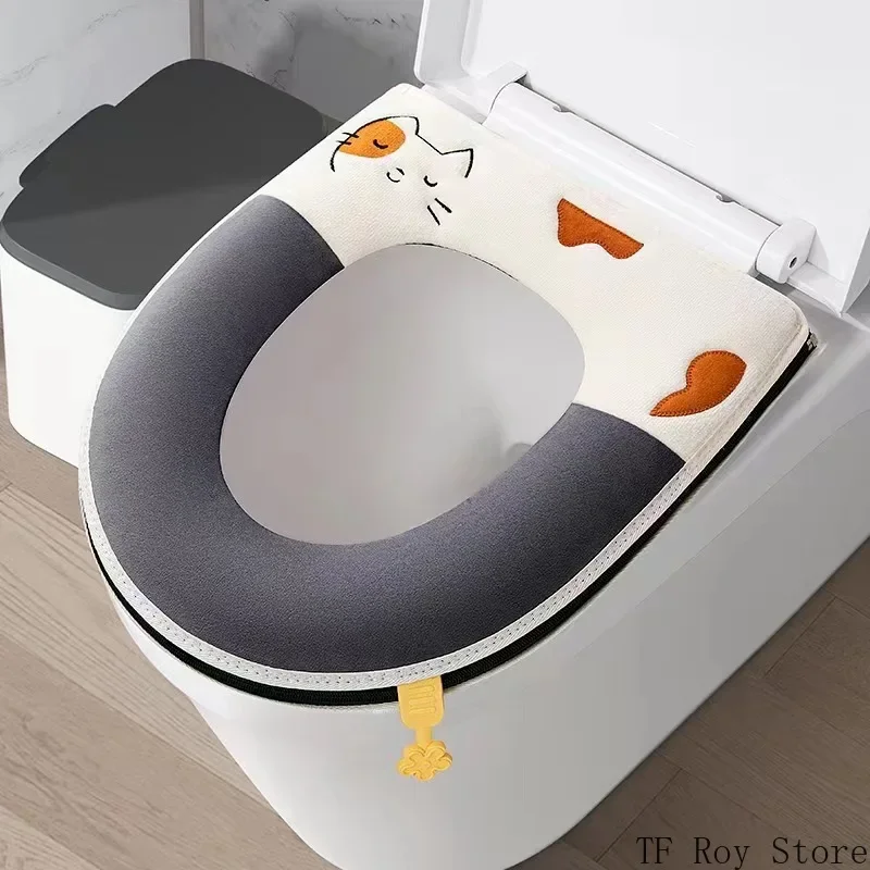 Funda de asiento de inodoro con bordado de gato de dibujos animados, suave, con cremallera, calentador, lavable, alfombrilla, almohadilla, cojín, accesorios de baño