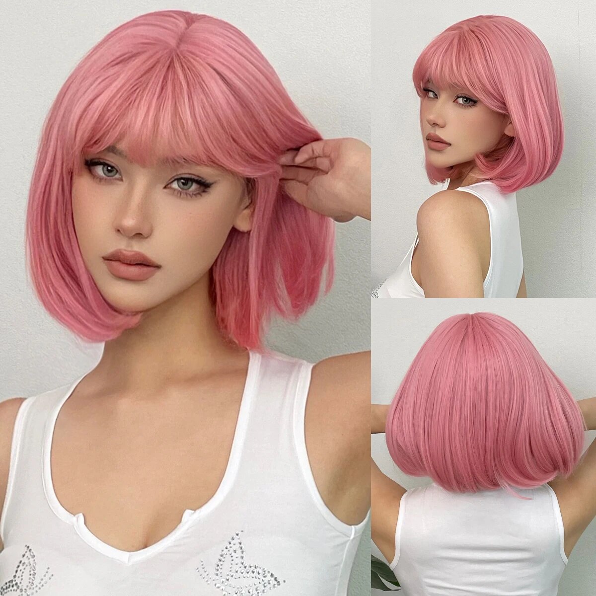 Kurze gerade Bob synthetische Perücken rosa Natur haar Perücke mit Pony für Frauen Cosplay süße Perücke hitze beständige Faser