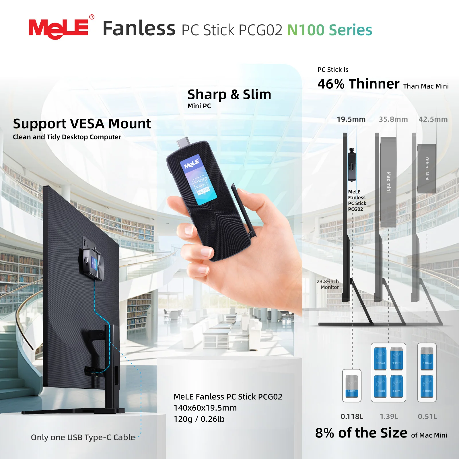 MeLE Fanless Mini PC Stick N100 8GB 256GB , Micro Computer Stick HDMI 4K Gigabit Ethernet,Wi-Fi5 PCG02
