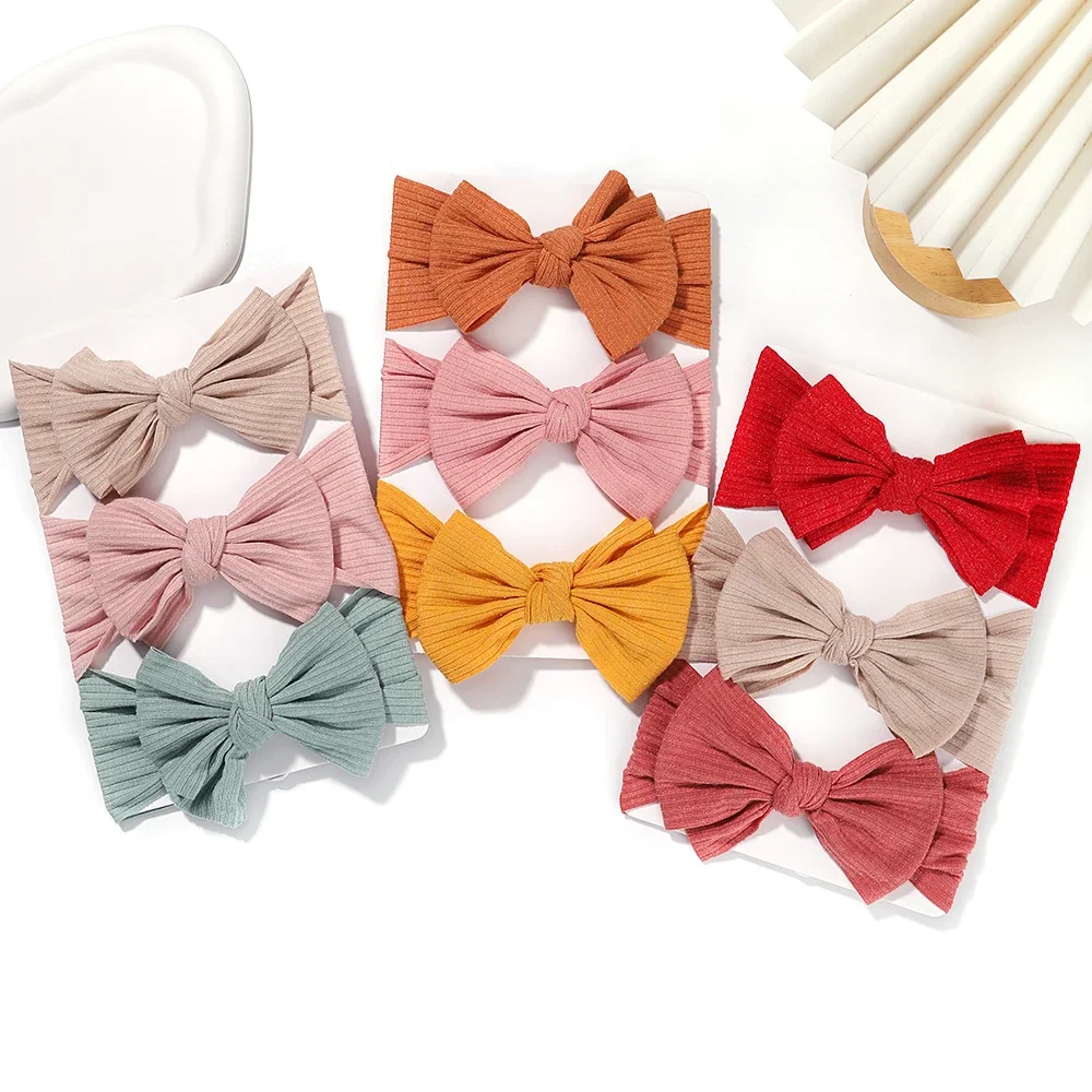 3 unids/set de diademas para bebé recién nacido, conjunto de bandas para el pelo con lazo de Color sólido, gorros infantiles de punto suave, turbante elástico, accesorios para el cabello de bebé