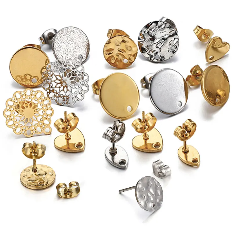 10 pçs/lote cor de ouro aço inoxidável em branco brinco studs base pinos com brinco plug orelha volta para diy jóias fazendo descobertas