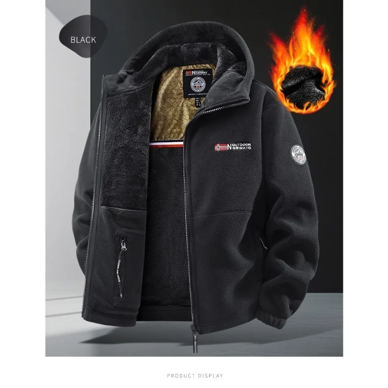 Chujie jaqueta masculina de lã outono e inverno moda grafeno quente com capuz caminhadas ao ar livre esportes com jaqueta cardigã de lã grossa