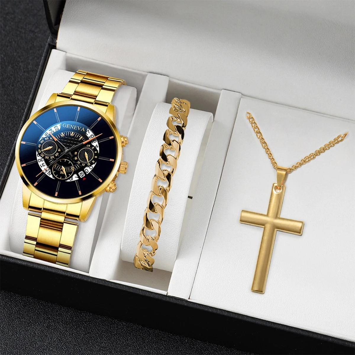 3 pçs/set masculino relógios de negócios moda banda aço relógio quartzo colar pulseira relógio de pulso conjunto relogio masculino (sem caixa)