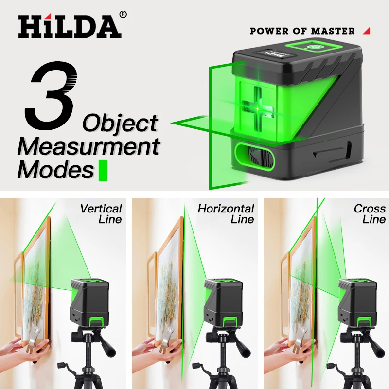 HILDA 2-Linien-Laser-Nivelliergerät, selbstnivellierender Laser mit grünen Strahlen, horizontale und vertikale Kreuzlinie