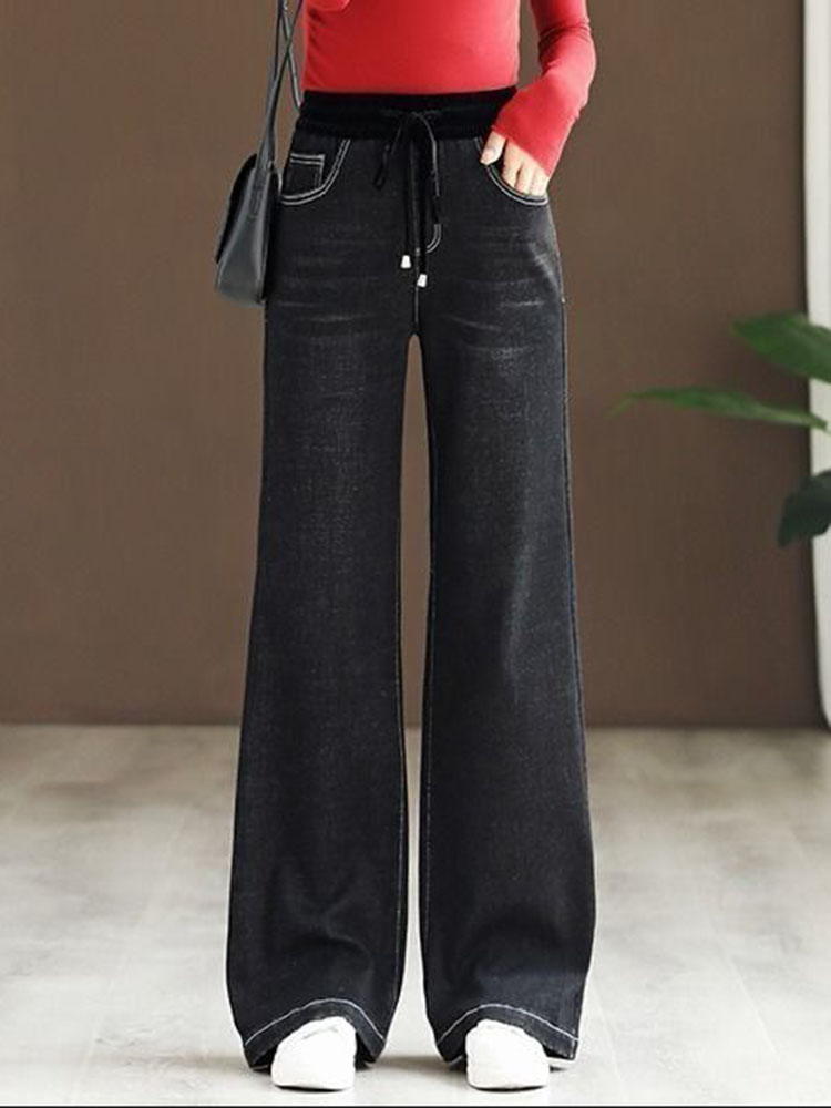女性弾性ハイウエストストレートジーンズ韓国だぶだぶオーバーサイズ 85 キロワイドレッグデニムパンツ春秋因果ヴィンテージ Kot Pantolon