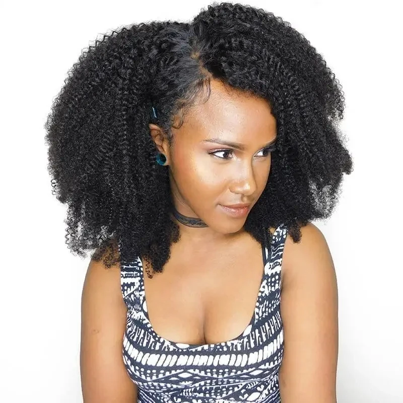 Cabello humano mongol Afro rizado con cierre de encaje 4x4, predesplumado, 150% de densidad, parte de encaje transparente, Color Natural, 10-18 pulgadas