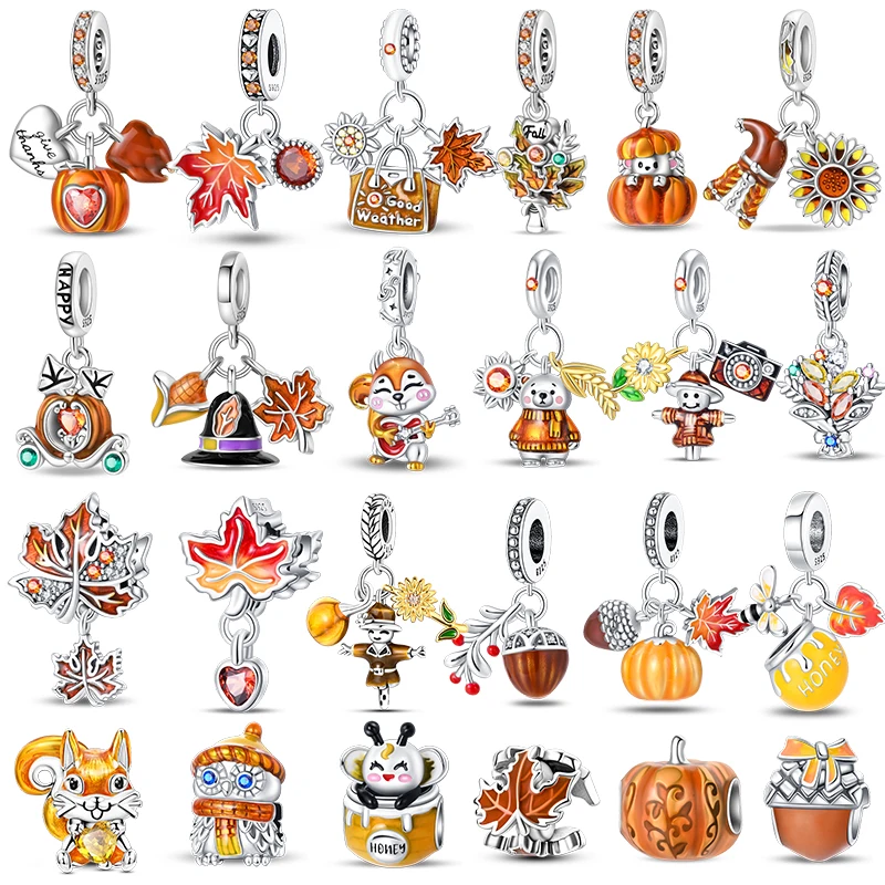 Pendentifs en argent Sterling 925, série récolte d'automne, écureuil, feuille d'érable, citrouille, adaptés aux Bracelets originaux 925, bijoux à faire soi-même