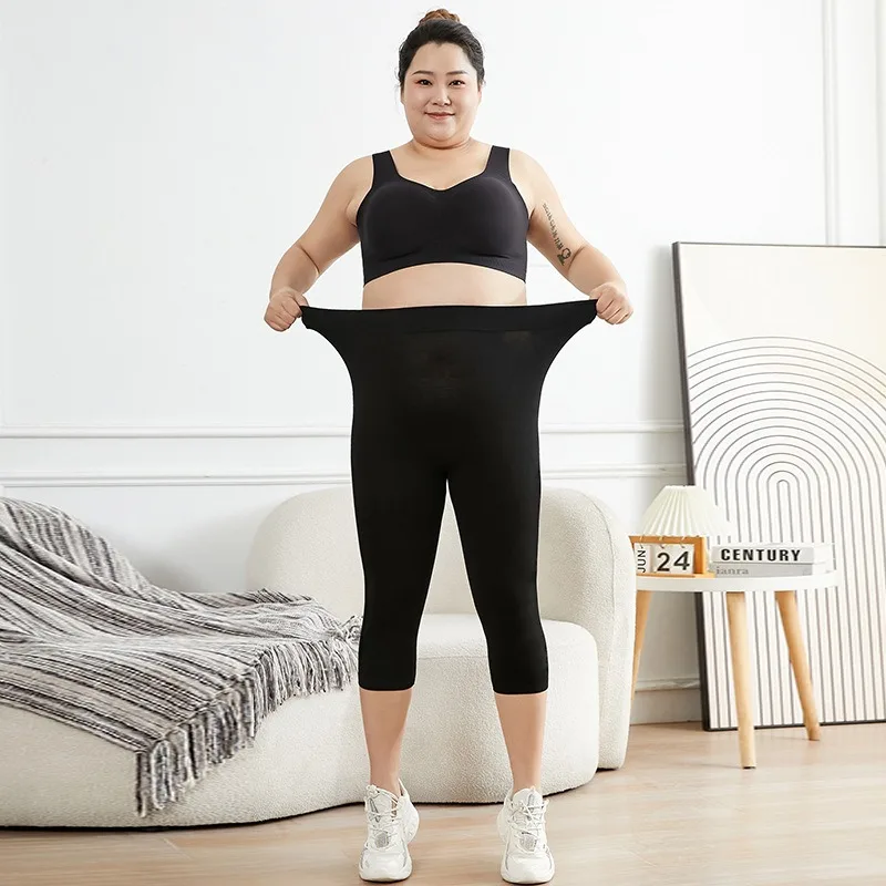 Mallas de talla grande para mujer, pantalones cortos negros de alta elasticidad, ropa para exteriores, medias deportivas informales, mallas Modales de talla grande para mujer