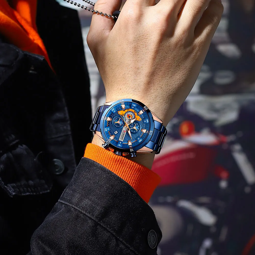 Relojes CURREN de acero inoxidable para hombre, Esfera luminosa de moda creativa con cronógrafo, relojes de pulsera informales para hombre
