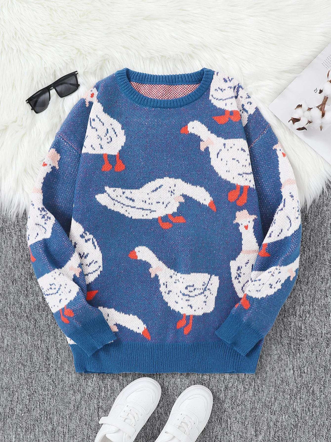 Neue Beliebte Herbst Winter Nette Ente Jacquard Muster Pullover Pullover Casual Rundhals Kontrast Farbe Gestrickte männer Pullover