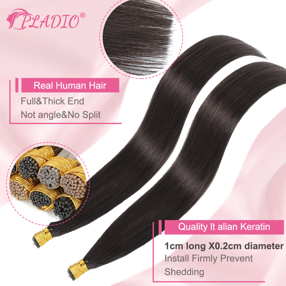PLADIO Extensions de cheveux droites I Tip Extensions de cheveux naturels humains Capsule de kératine cheveux humains originaux 12-26 pouces 50pcs 100pcs