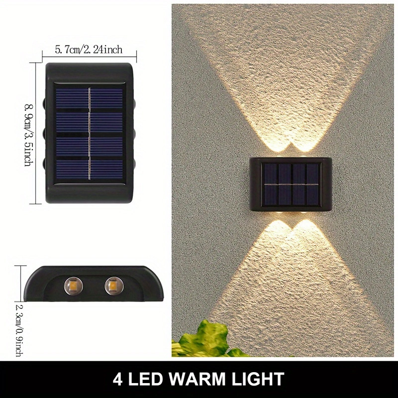 1/2/4/6 Stück, 4 LEDs Solar-Auf- und Ab-Leuchte, leuchtende Wandleuchte, Außenwand, konvexer Spiegel, Modellierung, Gartenwand, dekoratives Licht