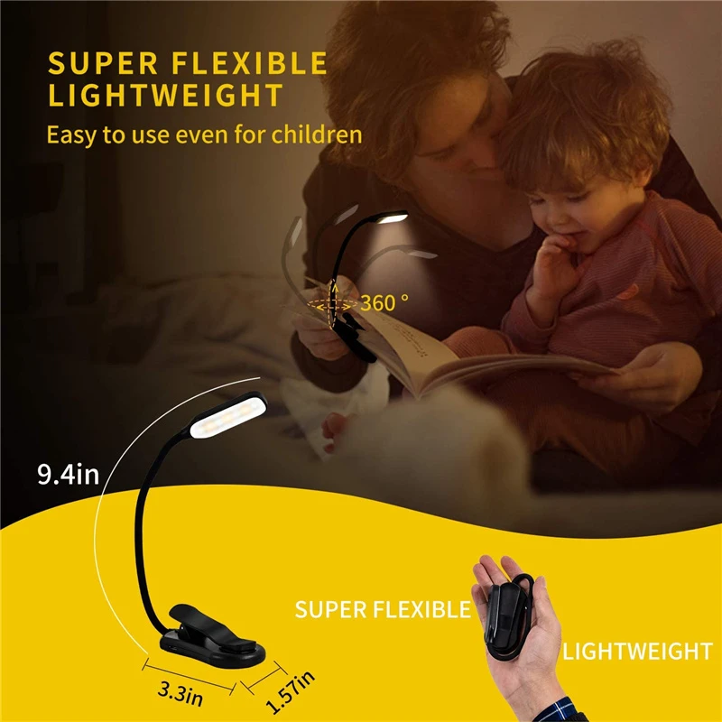 Luz de libro recargable, luz de lectura de 7 LED con luz diurna blanca cálida y fría de 3 niveles, lámpara de lectura nocturna Flexible y fácil con Clip en la cama