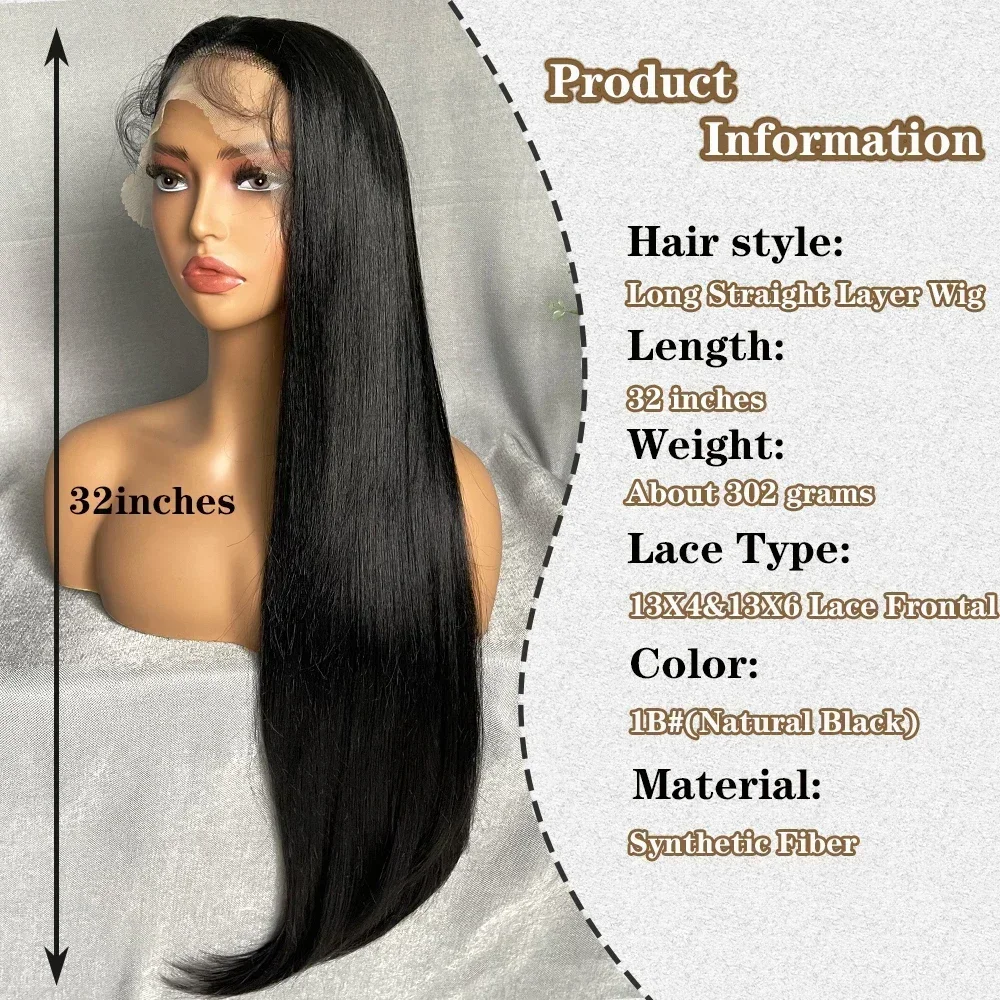 X-TRESS pelucas largas y rectas en capas, peluca de pelo sintético con parte Frontal de encaje 13x4 con pelo de bebé para mujer, color negro de 32 pulgadas