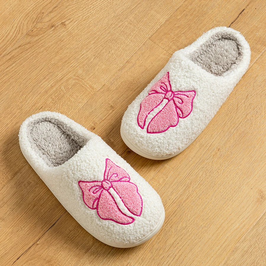 แฟชั่นน่ารักสวยโบว์ผู้หญิงรองเท้าแตะในร่มฤดูหนาว Soft Sole ประณีต WARM Graceful Causal หอพัก Comfy แบนรองเท้าผ้าฝ้าย