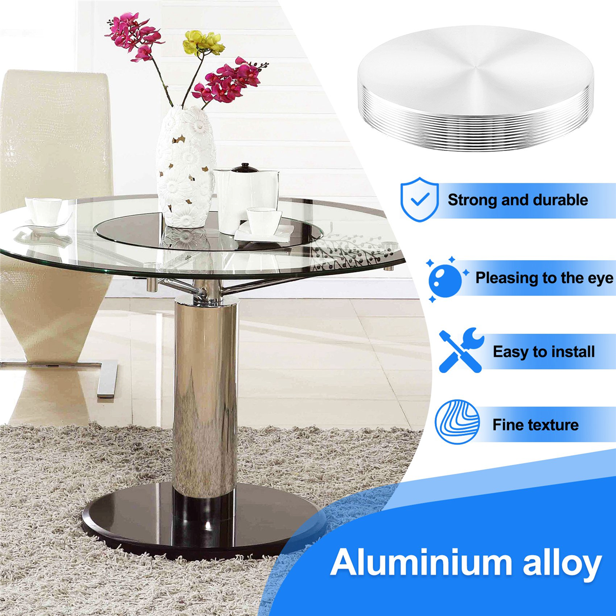 ขาโต๊ะอะแดปเตอร์แผ่นกระจก อลูมิเนียม กลม 50x8มม. สีเงิน