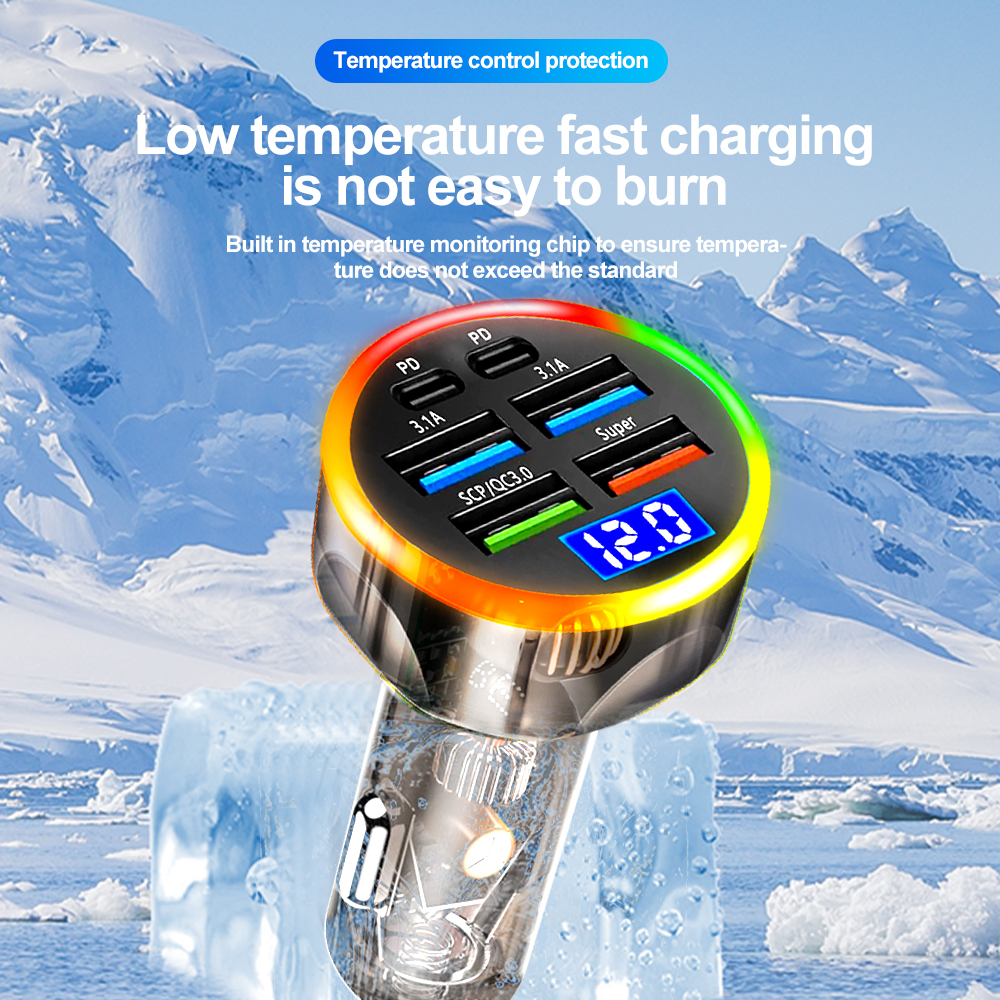 Szybka ładowarka samochodowa 250W 6 portów Quick Charge PD Type C USB A Adapter Transparent Case dla iPhone 15 16 Pro Samsung S24 Xiaomi Poco