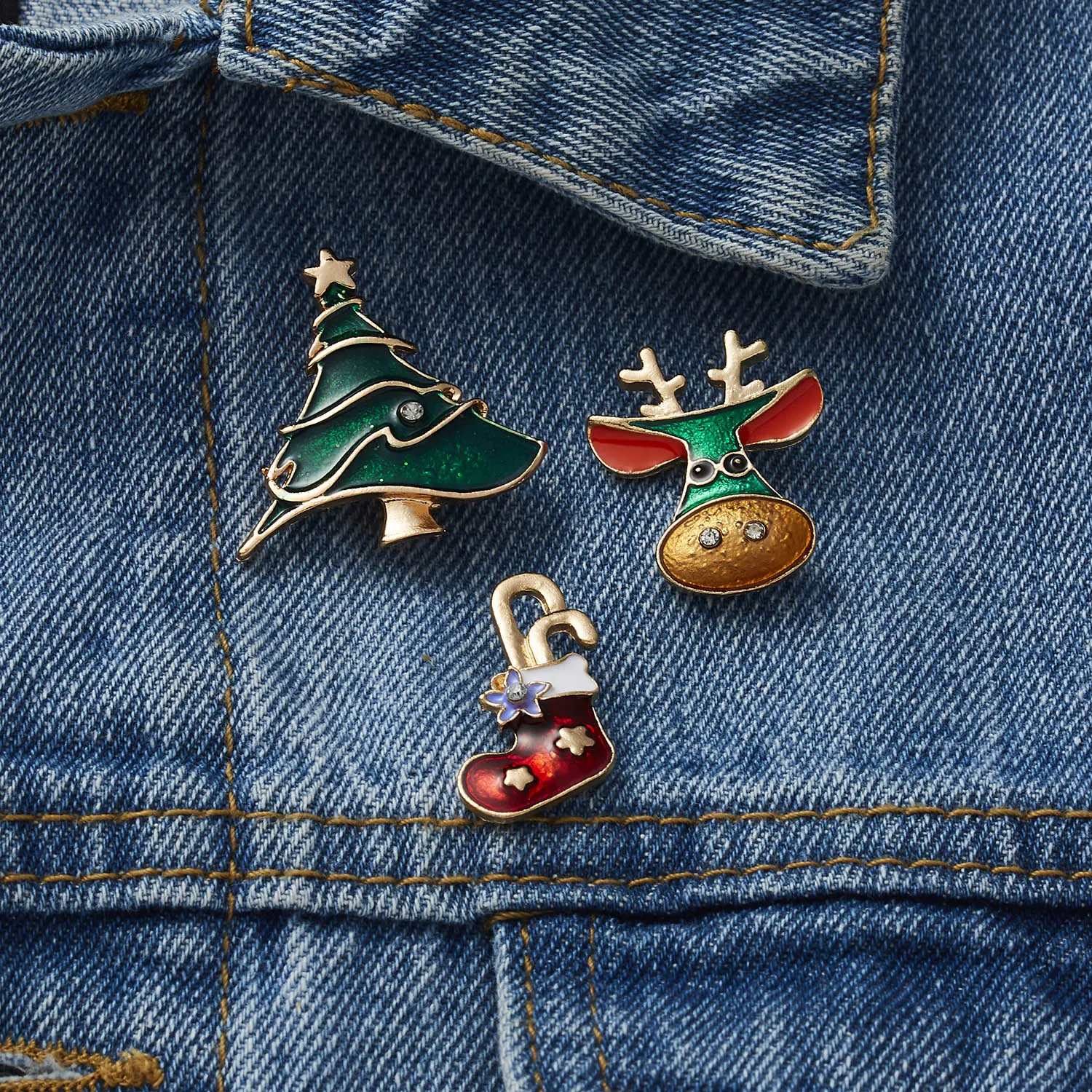 3 unids/set broches de Feliz Navidad calcetines de Navidad árbol de Navidad alce esmalte insignia broche pequeño mujeres moda fiesta joyería regalos