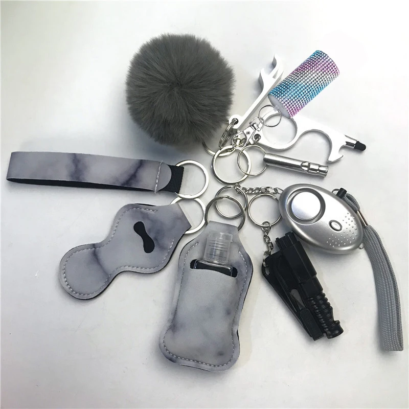 11pcs Spary Women Defense Protection Keychain Multi Use Keyring Alarm Self Rescue in Danger Defense Set