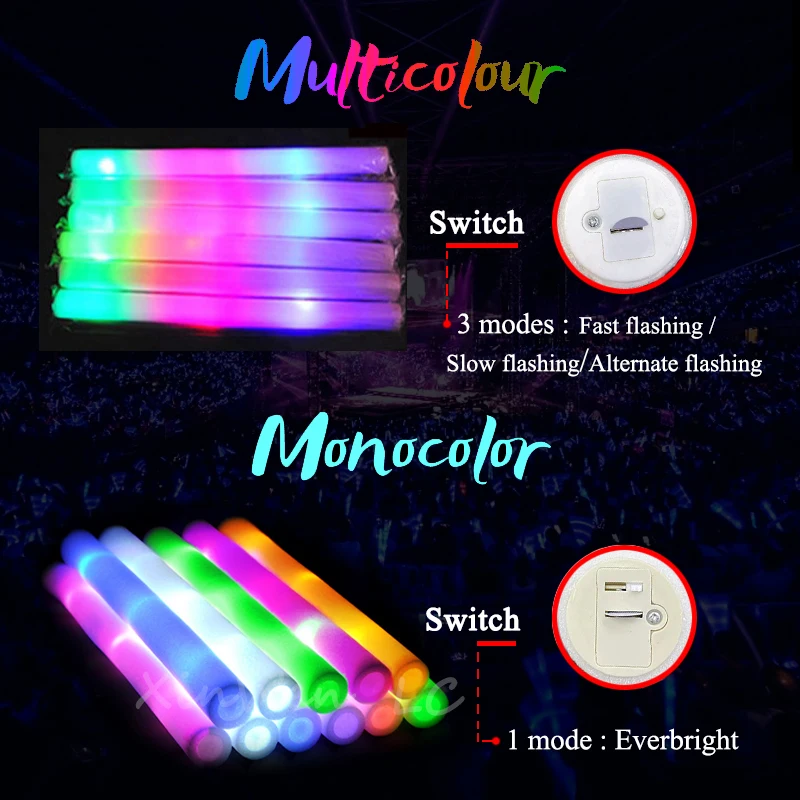 15/30Pcs RGB LED 파티 용품 글로우 벌크 다채로운 LED 글로우 스틱 폼 스틱 응원 튜브 어두운 빛 생일 결혼식