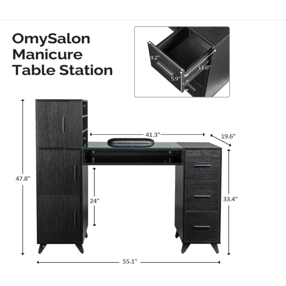 Manicure Table Nail Desk for Nail Tech w/Glass Top & Wrist Rest, Beauty Salon Nail Supplies Decor Workstation Acetone Resistant