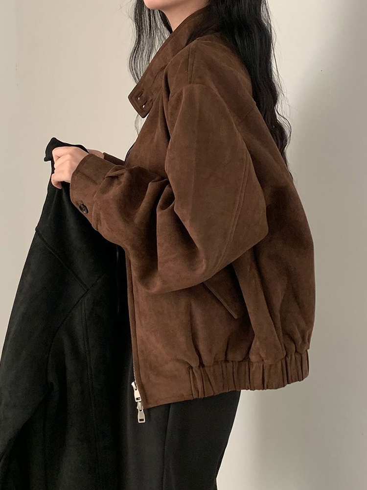 Jaqueta E Vintage de Camurça com Estampa de Veado para Mulheres, Casaco Solto de Crimento Médio com Gola Alta, Esti...