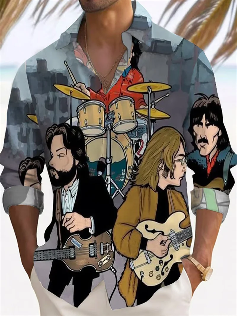 Camisa estampada de manga larga para hombre, camisa con cuello levantado y un solo pecho, top informal de moda