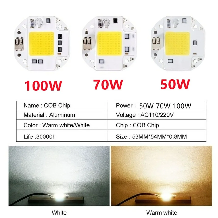 Chip LED COB ad alta potenza 100W 70W 50W senza saldatura per faretto Proiettore 220V 110V Perline luminose integrate Alluminio Bianco caldo