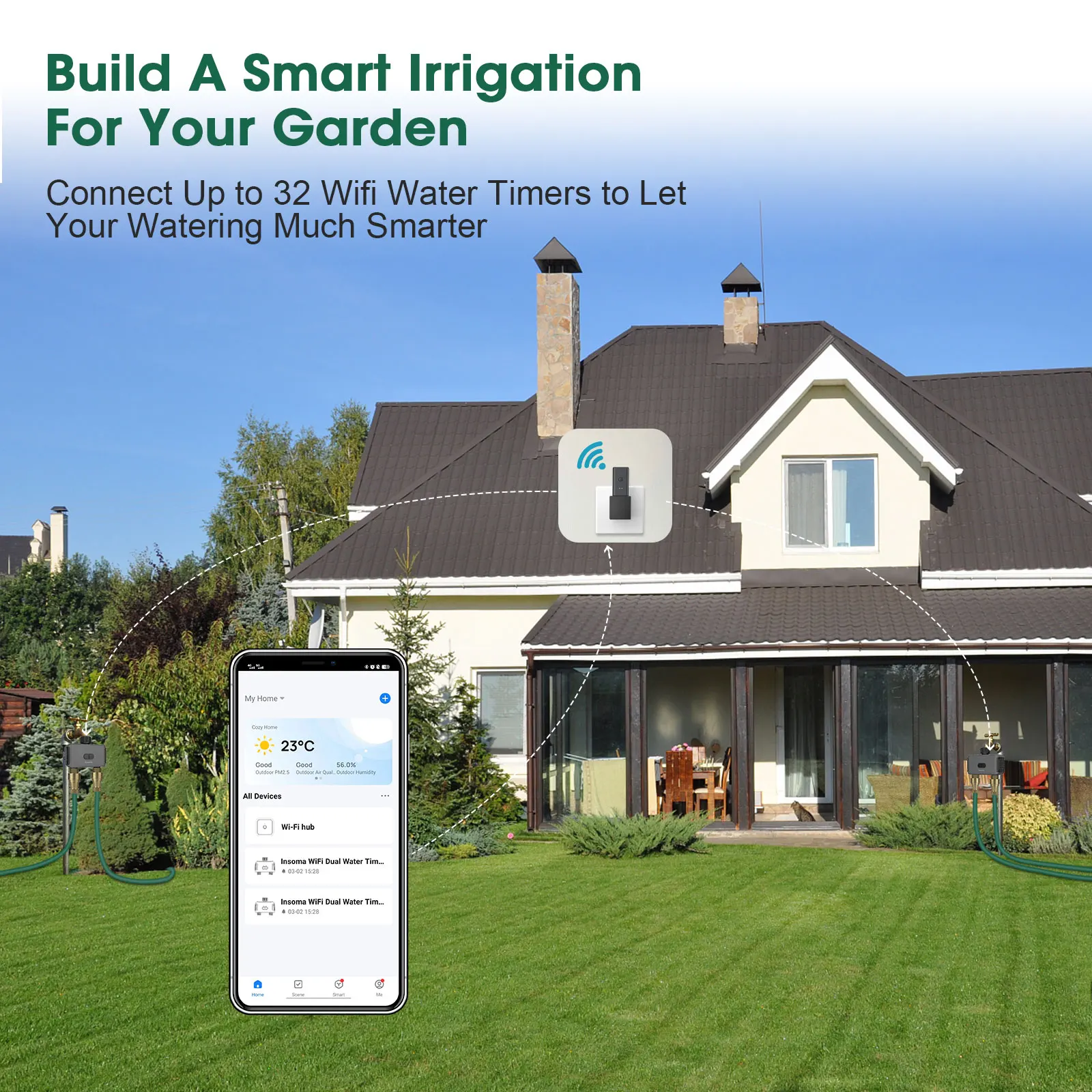 Timer automatico dell'acqua Insoma con gateway Sistema di irrigazione per irrigazione da giardino a doppio tubo Supporto programmatore sprinkler remoto Alexa