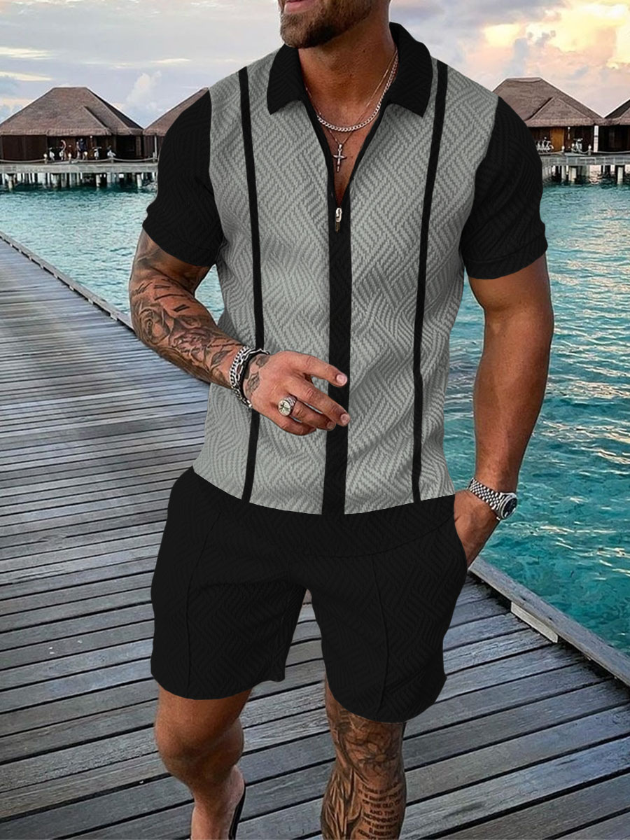 Hawaiian Tracksuit 2pcs Sets 3D Print Zipper Polo Shirt Short Sleeve Shirt And Shorts Casual Fashion Zip-Up Man 2PCS Clothing