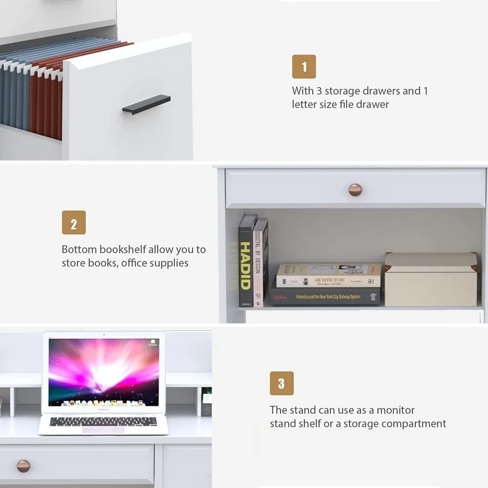 Computer Desk with Storage Drawers and Hutch, 44 Inch Home Office Desks with 4 Drawers & Monitor Stand for Small Space
