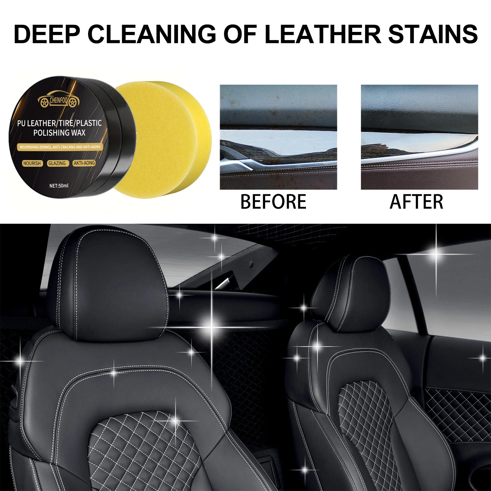Kit de cuidados automotivos tudo-em-um: cera restaurador de plástico, rejuvenescedor de couro PU, polimento de pneus e reparo de arranhões para pára-choques/internos