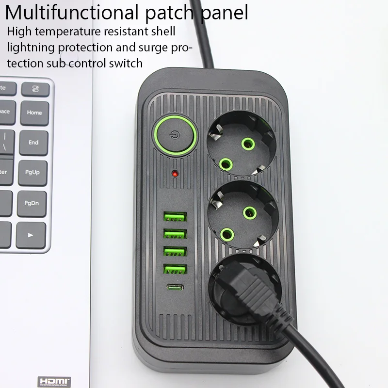 Regleta de enchufe europeo, Cable de extensión de 2M, tomas múltiples de 3AC, toma de corriente con 4 USB, 1 tipo C, filtro de red, carga rápida