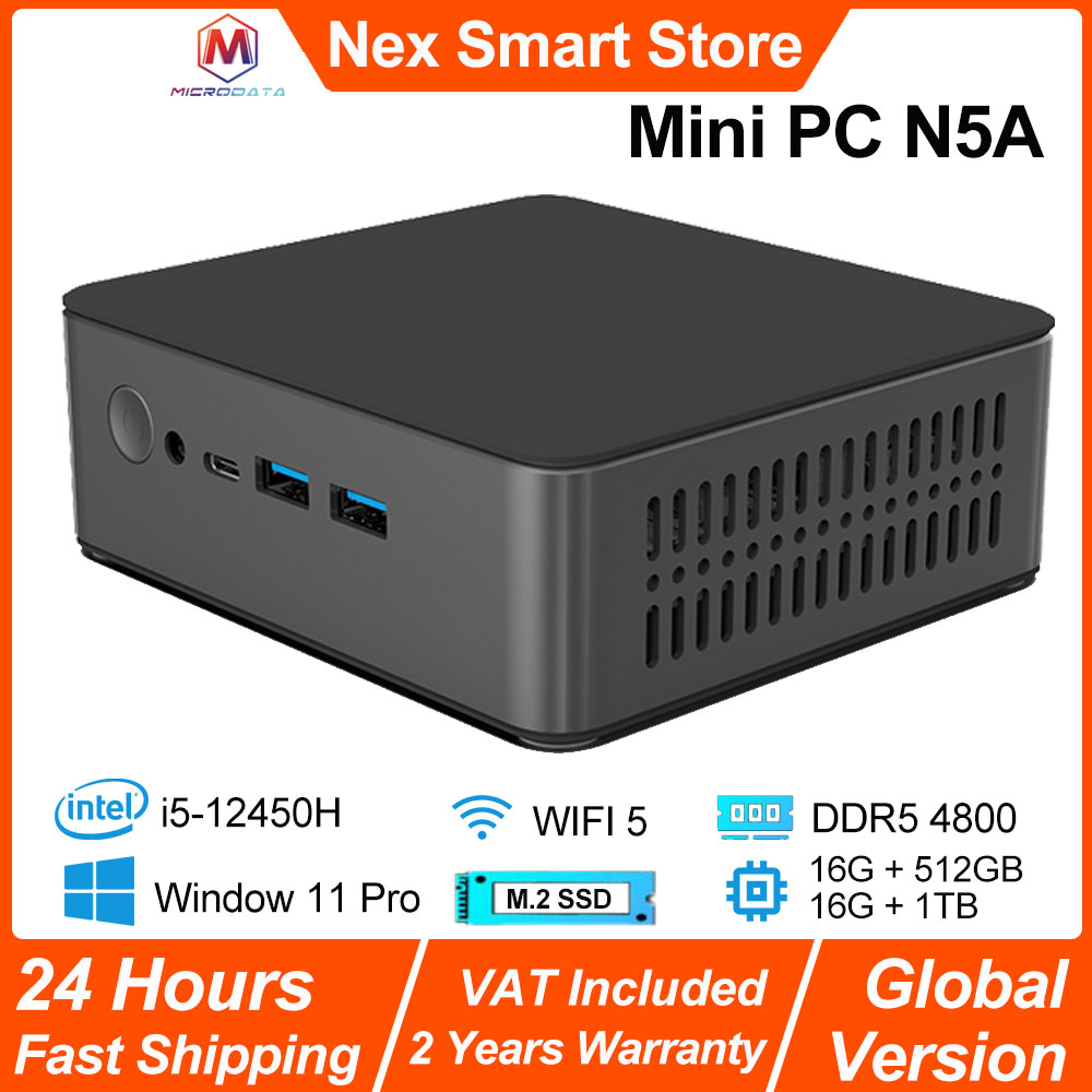 2025 MicroData Mini PC N5A 512G 1TB, Intel i5-12450H 8-cores 12-draden CPU, DDR5 4800 WIFI5, Win 11 Pro M.2 NVME SSD PC Gamer